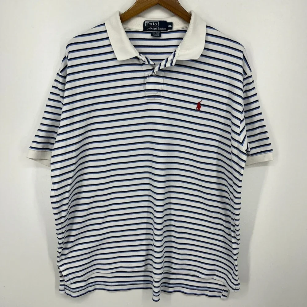 Polo‎ Ralph Lauren Polo Shirt Men's XL White Blue Striped Short Sleeve Pony Logo